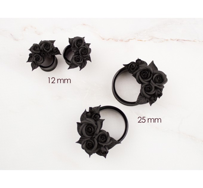 Handcrafted black rose ear tunnels for Goth weddings
