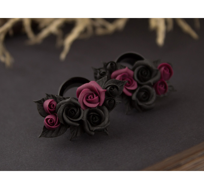 Burgundy black rose ear tunnel plugs, 00g – 1 inch gauge