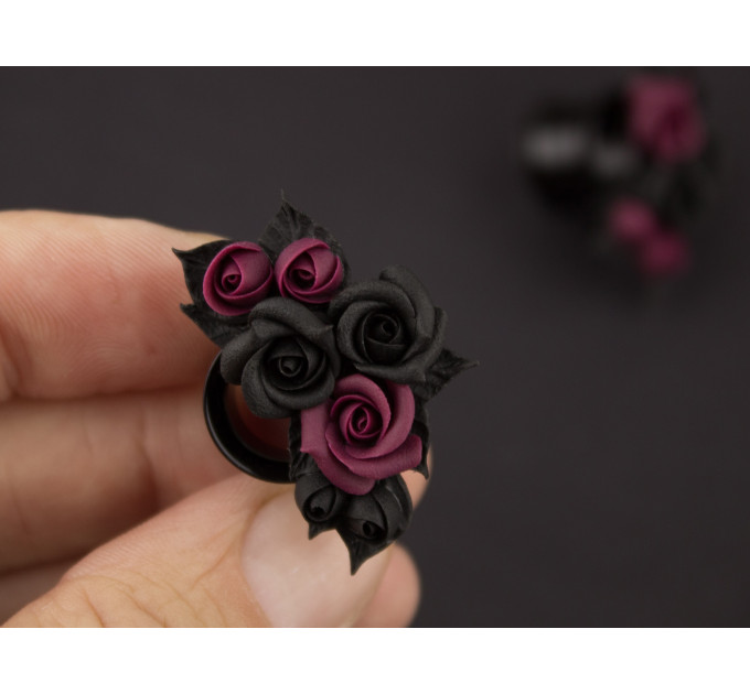 Burgundy black rose ear tunnel plugs, 00g – 1 inch gauge