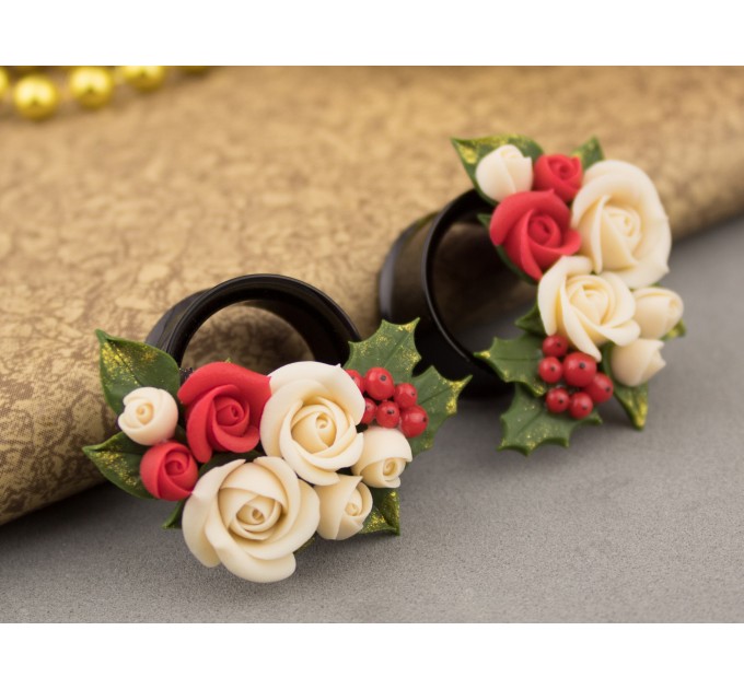 Cute Xmas earrings for stretched ears Tiny roses red green Holly berries Handmade gauges and plugs