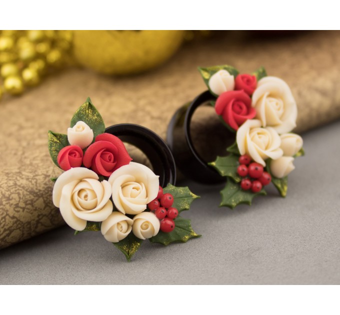 Cute Xmas earrings for stretched ears Tiny roses red green Holly berries Handmade gauges and plugs
