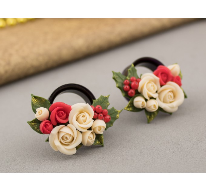 Cute Xmas earrings for stretched ears Tiny roses red green Holly berries Handmade gauges and plugs