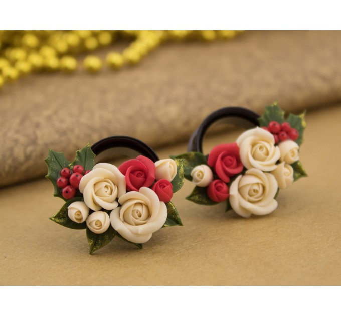 Cute Xmas earrings for stretched ears Tiny roses red green Holly berries Handmade gauges and plugs