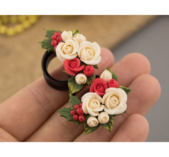 Cute Xmas earrings for stretched ears Tiny roses red green Holly berries Handmade gauges and plugs