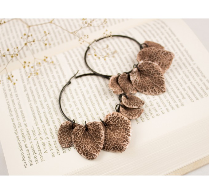 Ancient bone leaves beige brown Hoop hangers for tunnels Ear plugs and gauges Viking handmade