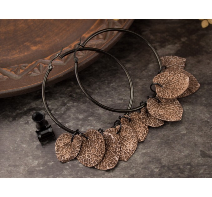 Ancient bone leaves beige brown Hoop hangers for tunnels Ear plugs and gauges Viking handmade