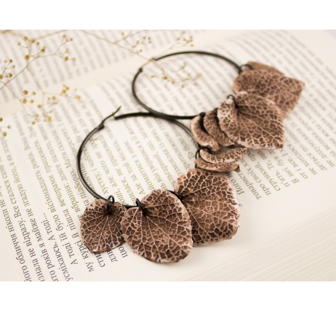 Ancient bone leaves beige brown Hoop hangers for tunnels Ear plugs and gauges Viking handmade