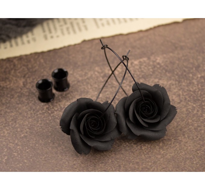Black rose hoop hangers for tunnel earrings Gothic jewelry for stretched ears Witch gift idea Flower plugs and gauges