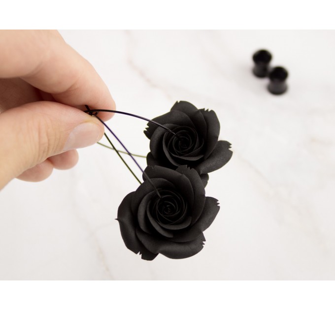 Black rose hoop hangers for tunnel earrings Gothic jewelry for stretched ears Witch gift idea Flower plugs and gauges