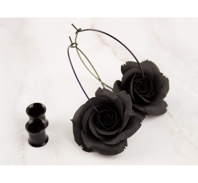 Black rose hoop hangers for tunnel earrings Gothic jewelry for stretched ears Witch gift idea Flower plugs and gauges