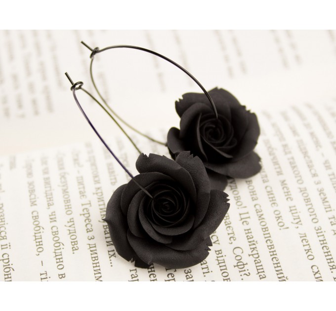 Black rose hoop hangers for tunnel earrings Gothic jewelry for stretched ears Witch gift idea Flower plugs and gauges