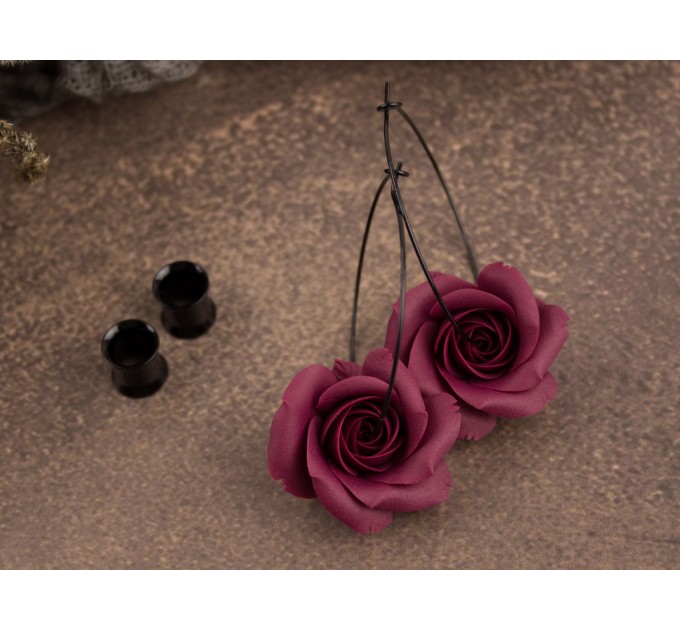 Deep wine red burgundy rose hoop earrings Flower hangers for tunnels Elegant jewelry for stretched ears Handmade