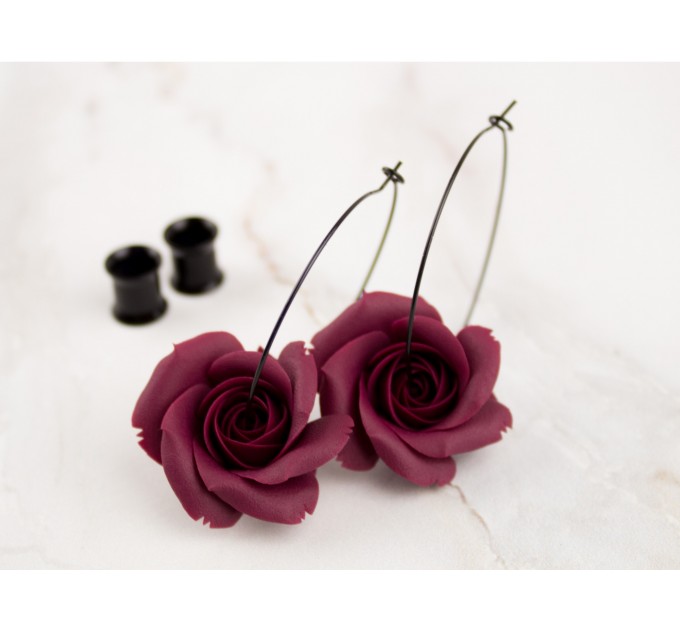 Deep wine red burgundy rose hoop earrings Flower hangers for tunnels Elegant jewelry for stretched ears Handmade