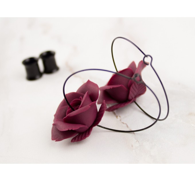 Deep wine red burgundy rose hoop earrings Flower hangers for tunnels Elegant jewelry for stretched ears Handmade