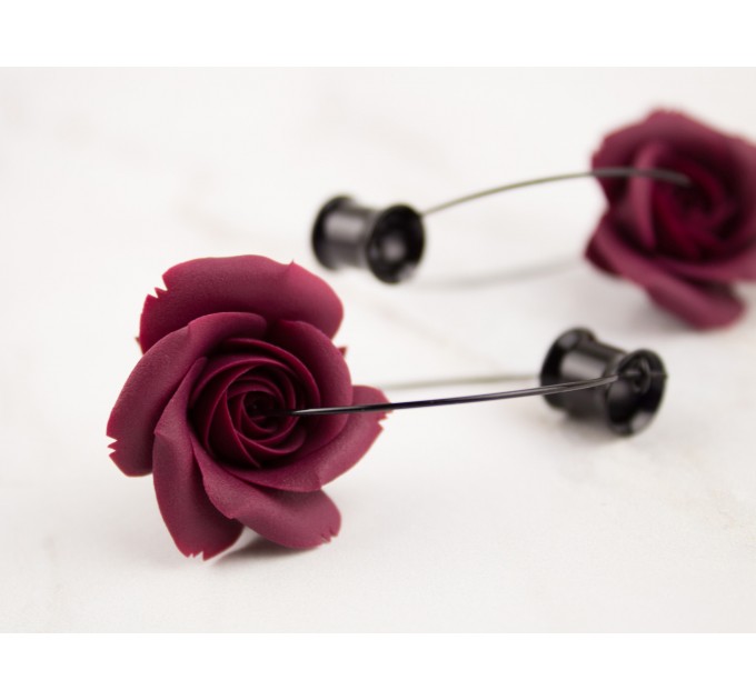 Deep wine red burgundy rose hoop earrings Flower hangers for tunnels Elegant jewelry for stretched ears Handmade