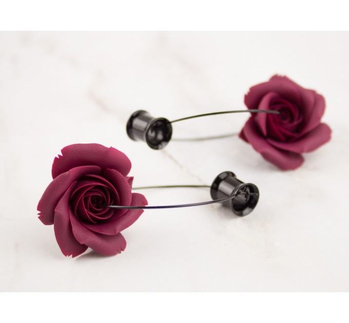 Deep wine red burgundy rose hoop earrings Flower hangers for tunnels Elegant jewelry for stretched ears Handmade