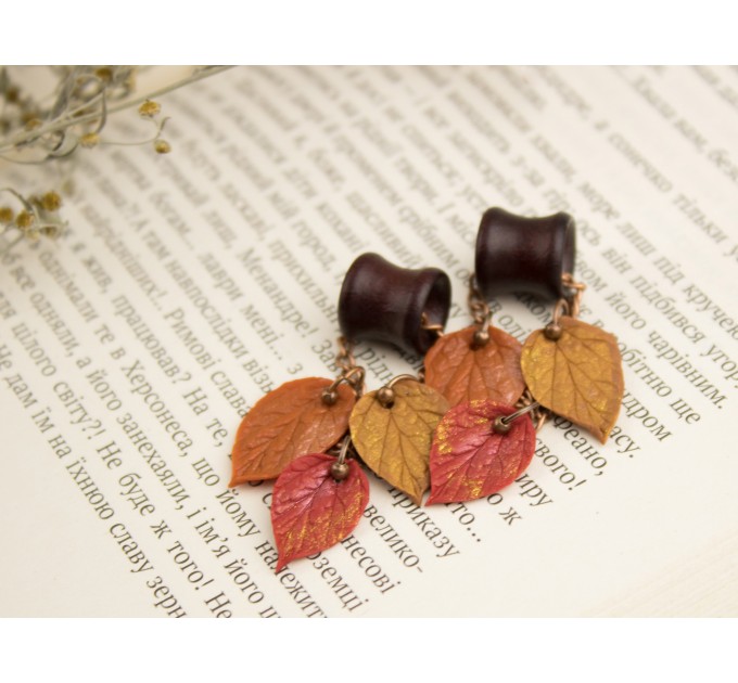 Fall leaves tunnel earrings Chain hangers for gauges Vivid autumn jewelry for stretched ears Bright wooden plugs