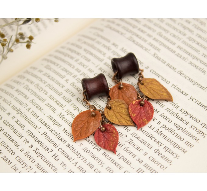 Fall leaves tunnel earrings Chain hangers for gauges Vivid autumn jewelry for stretched ears Bright wooden plugs