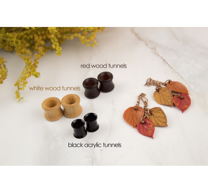 Fall leaves tunnel earrings Chain hangers for gauges Vivid autumn jewelry for stretched ears Bright wooden plugs