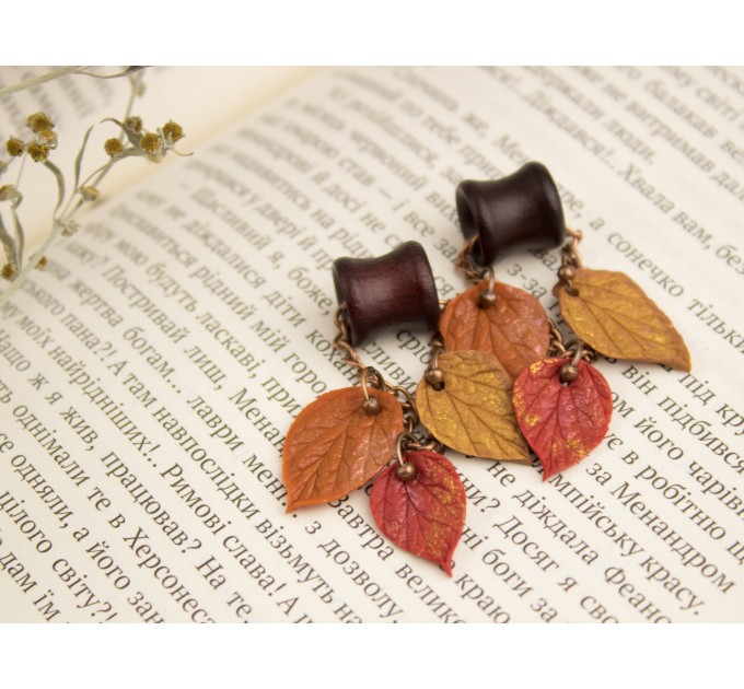 Fall leaves tunnel earrings Chain hangers for gauges Vivid autumn jewelry for stretched ears Bright wooden plugs