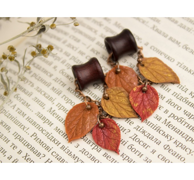 Fall leaves tunnel earrings Chain hangers for gauges Vivid autumn jewelry for stretched ears Bright wooden plugs