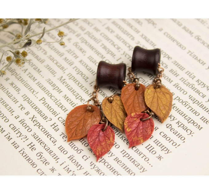 Fall leaves tunnel earrings Chain hangers for gauges Vivid autumn jewelry for stretched ears Bright wooden plugs