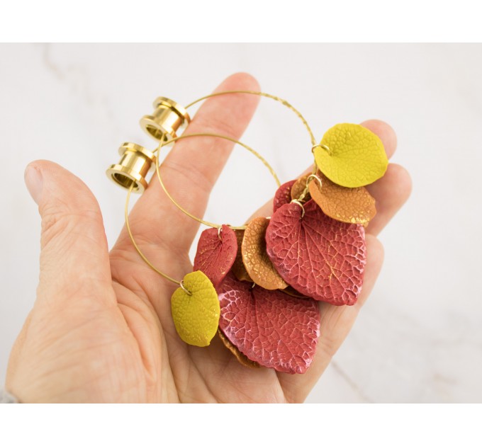 Golden screw back tunnel earrings for stretched ears with orange yellow red fall leaves Hoop hangers Handmade