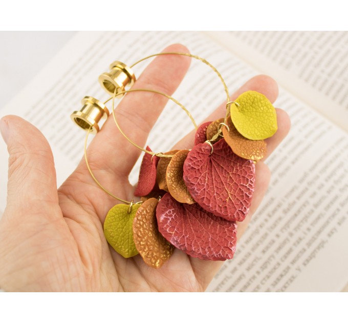Golden screw back tunnel earrings for stretched ears with orange yellow red fall leaves Hoop hangers Handmade