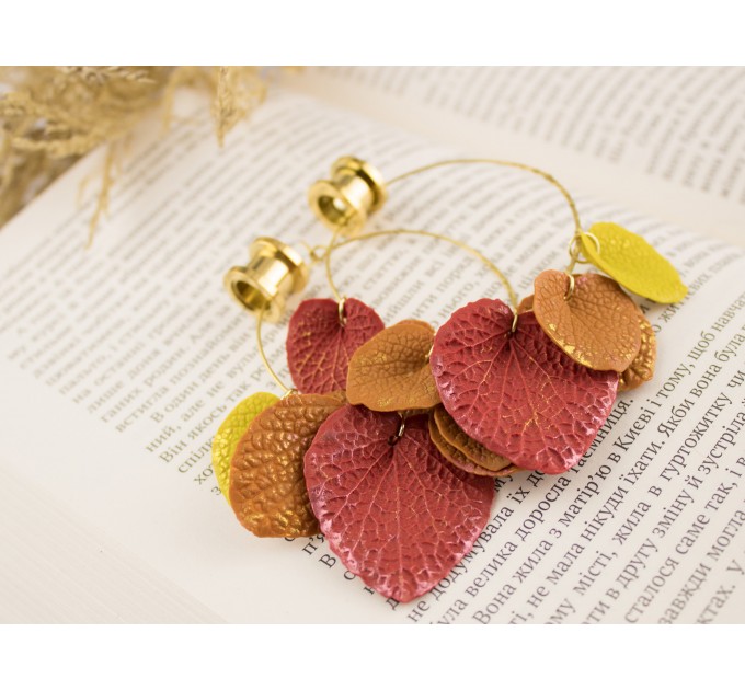 Golden screw back tunnel earrings for stretched ears with orange yellow red fall leaves Hoop hangers Handmade