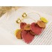 Golden screw back tunnel earrings for stretched ears with orange yellow red fall leaves Hoop hangers Handmade