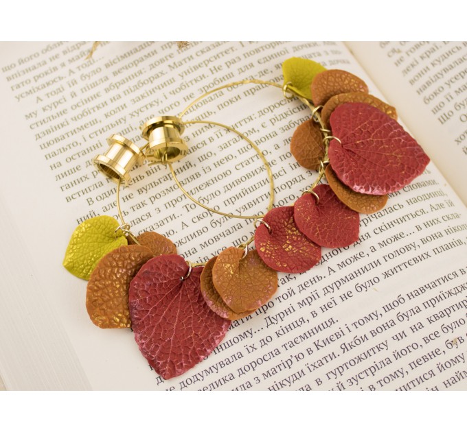 Golden screw back tunnel earrings for stretched ears with orange yellow red fall leaves Hoop hangers Handmade
