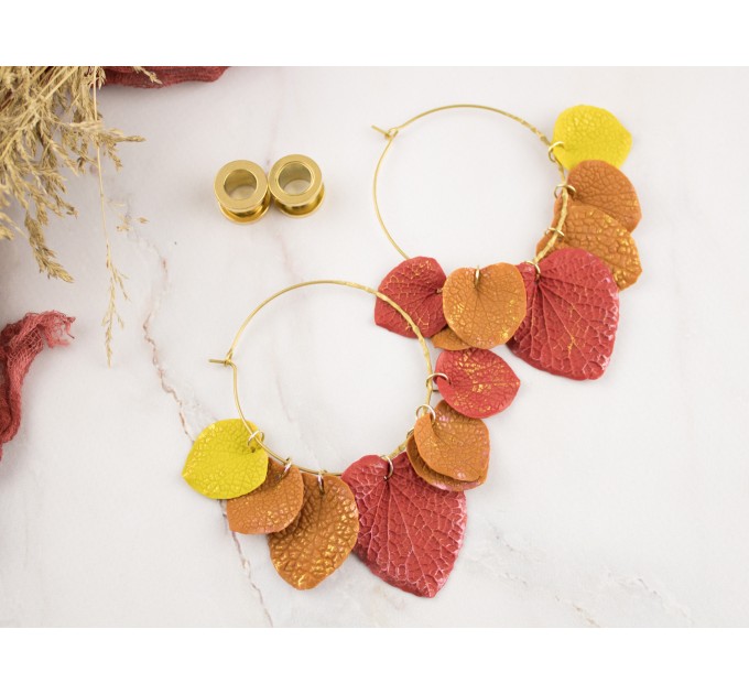 Golden screw back tunnel earrings for stretched ears with orange yellow red fall leaves Hoop hangers Handmade