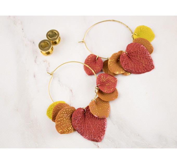 Golden screw back tunnel earrings for stretched ears with orange yellow red fall leaves Hoop hangers Handmade
