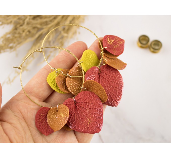 Golden screw back tunnel earrings for stretched ears with orange yellow red fall leaves Hoop hangers Handmade