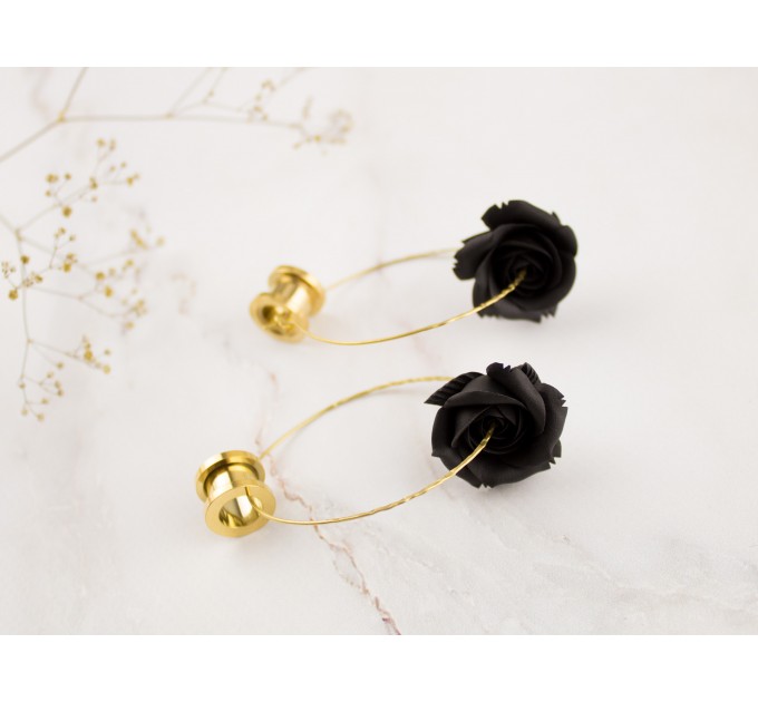 Black rose hoop earrings Golden screw back ear tunnels Brass hammered hangers Gothic jewelry for stretched ears