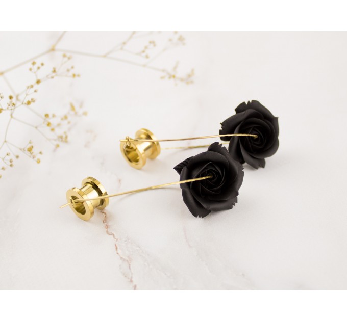 Black rose hoop earrings Golden screw back ear tunnels Brass hammered hangers Gothic jewelry for stretched ears