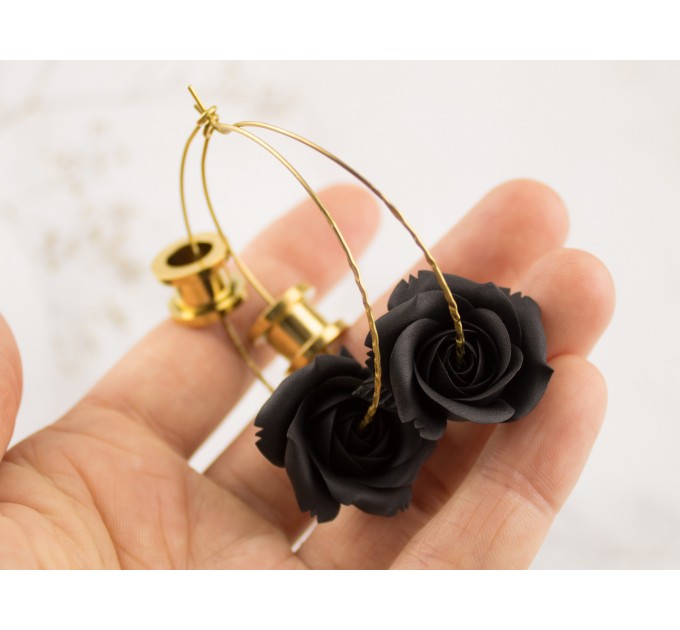 Black rose hoop earrings Golden screw back ear tunnels Brass hammered hangers Gothic jewelry for stretched ears