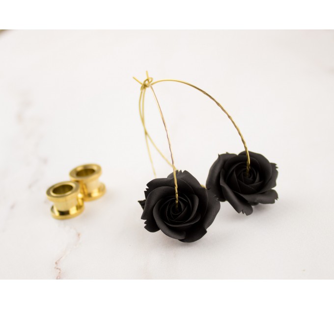Black rose hoop earrings Golden screw back ear tunnels Brass hammered hangers Gothic jewelry for stretched ears