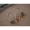 Hammered copper hoop hangers for ear tunnels with maple leaves and handmade beads Boho jewelry for stretched ears