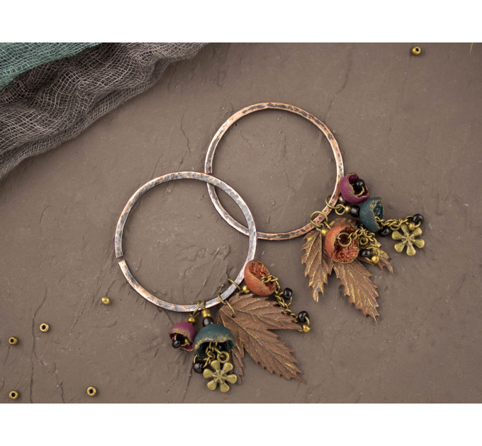 Hammered copper hoop hangers for ear tunnels with maple leaves and handmade beads Boho jewelry for stretched ears