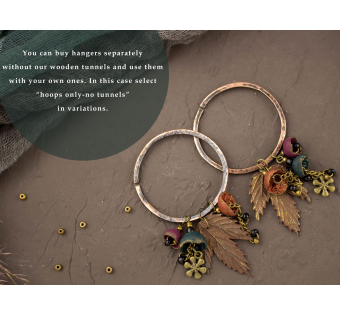 Hammered copper hoop hangers for ear tunnels with maple leaves and handmade beads Boho jewelry for stretched ears