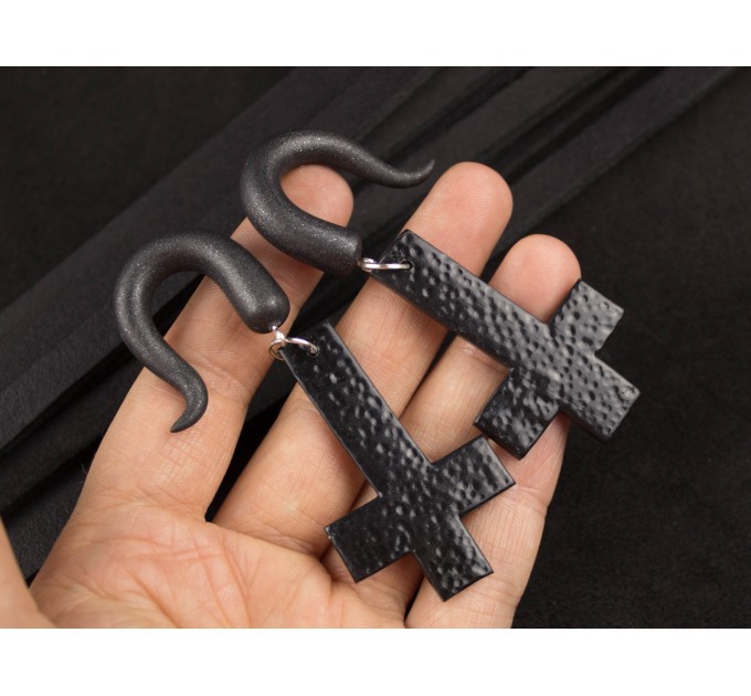 Gothic earrings for gauged ears 5-14mm Black inverted cross Witchcraft Halloween plugs and tunnels Metalhead gift Satanic 