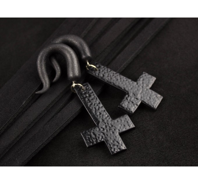 Gothic earrings for gauged ears 5-14mm Black inverted cross Witchcraft Halloween plugs and tunnels Metalhead gift Satanic 
