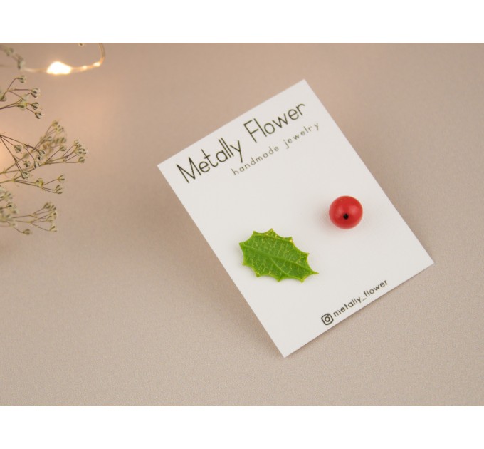Cute Christmas stud earrings with tiny holly berry and leaf Mismatched Asymmetrical Xmas gift idea 