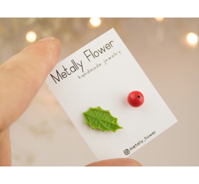 Cute Christmas stud earrings with tiny holly berry and leaf Mismatched Asymmetrical Xmas gift idea 
