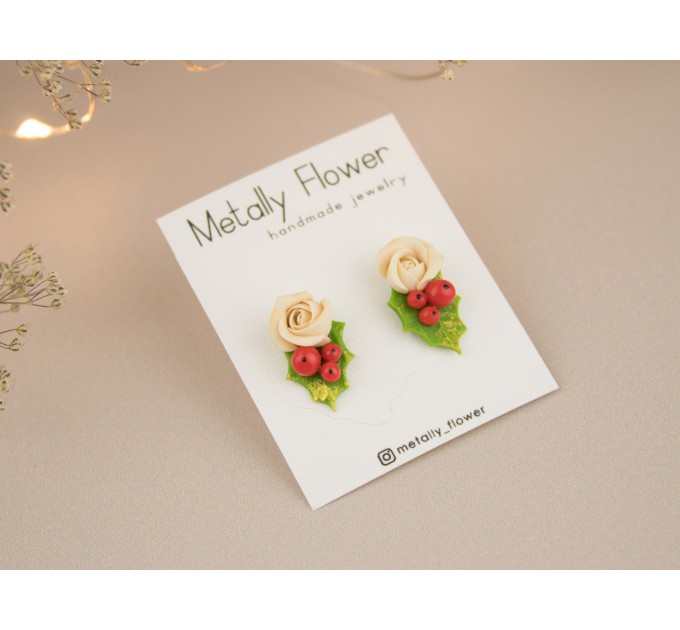 Cute Xmas earrings Tiny beige rose and Holly berry Christmas gift idea Holiday party jewelry