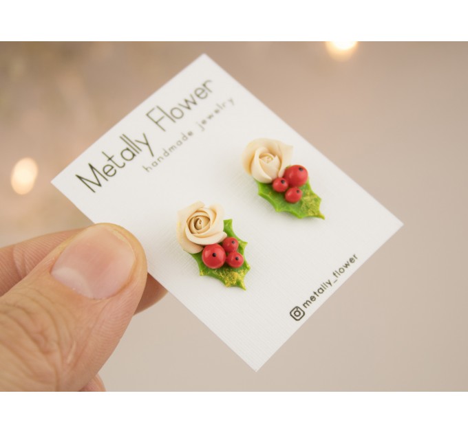 Cute Xmas earrings Tiny beige rose and Holly berry Christmas gift idea Holiday party jewelry