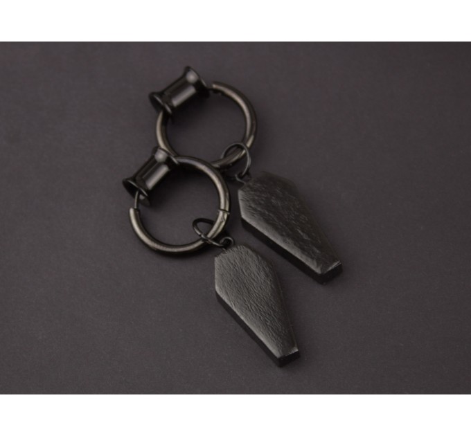 Gothic jewelry for gauged earlobes Black coffin charm tunnel earrings Hoop hangers Witchcraft Pagan