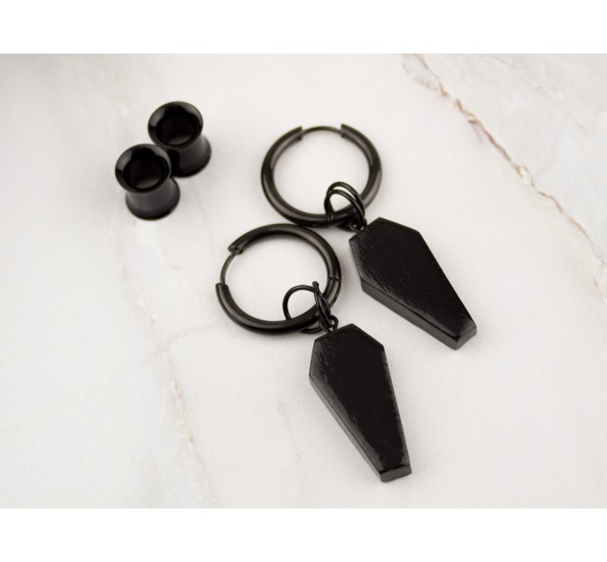 Gothic jewelry for gauged earlobes Black coffin charm tunnel earrings Hoop hangers Witchcraft Pagan