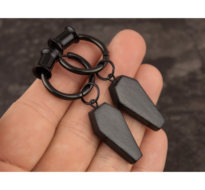 Gothic jewelry for gauged earlobes Black coffin charm tunnel earrings Hoop hangers Witchcraft Pagan